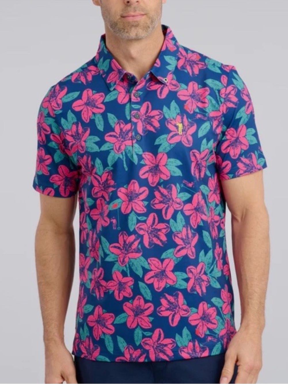 William Murray Performance Stretch Golf Polo Floral Azaleas Navy Pink Remastered